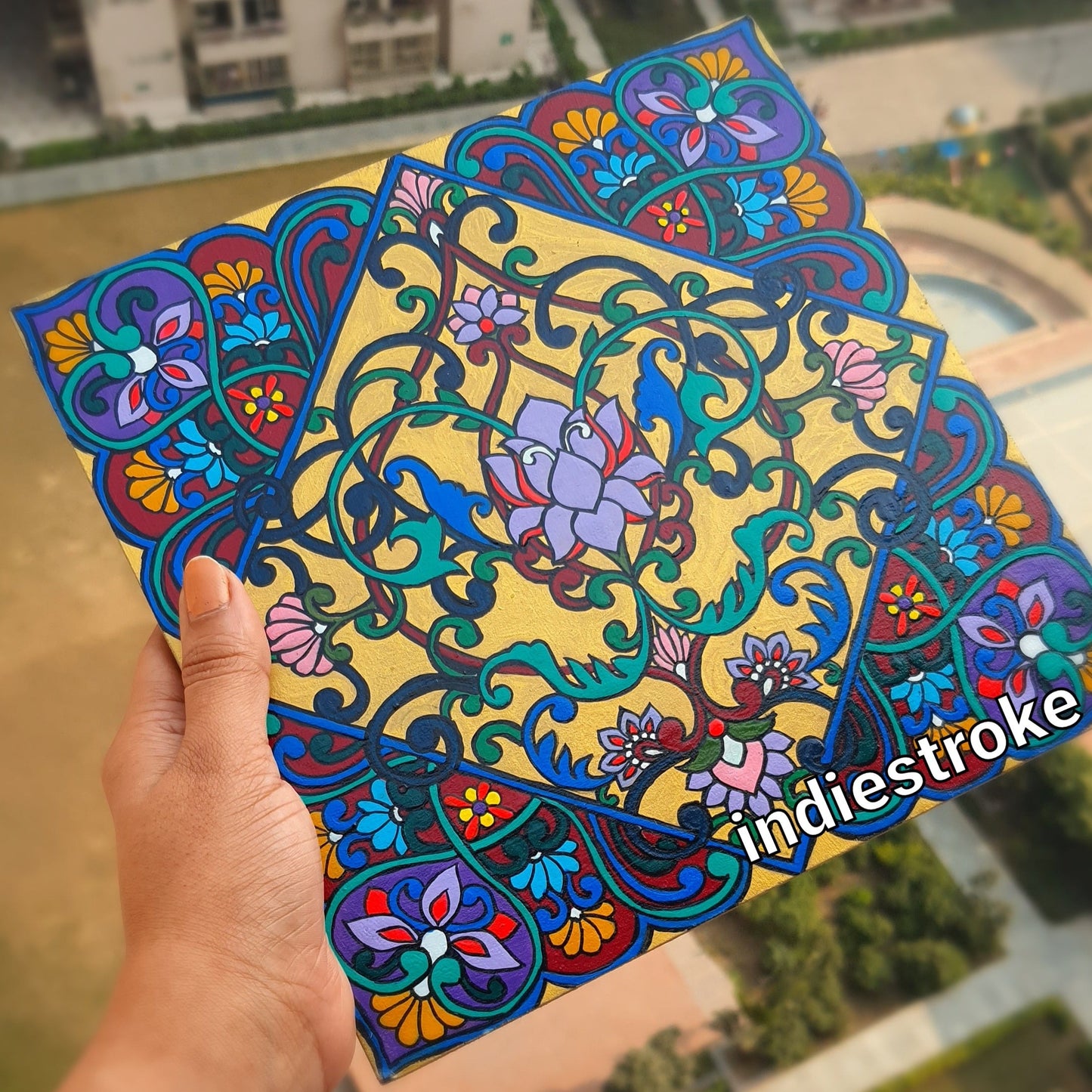 Handpainted Blue Square Indian Art