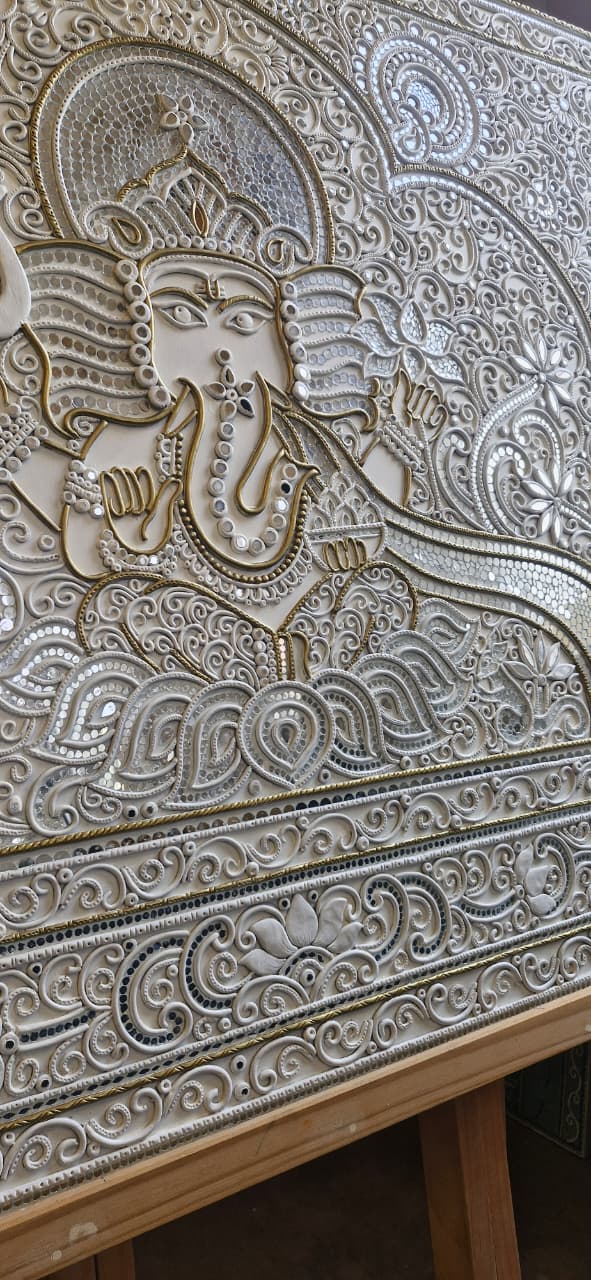 Lord Ganesh Lippan Art Wall Panel – Mud & Mirror Craft