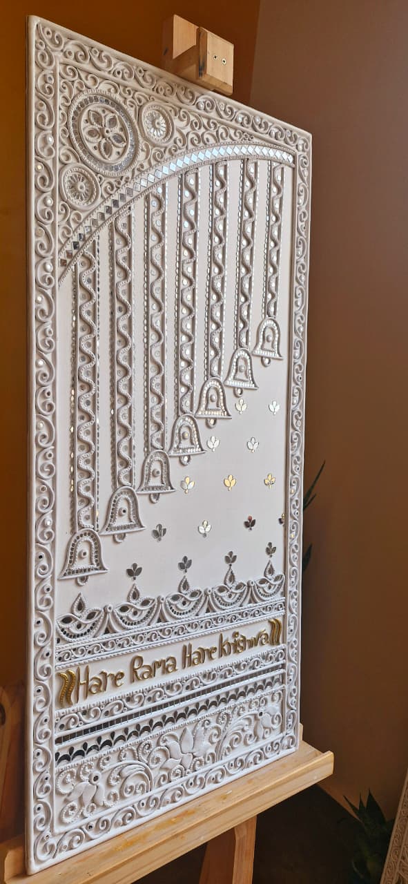 Hare Rama Hare Krishna Lippan Art Wall Decor with Hanging Bells | Set of 2